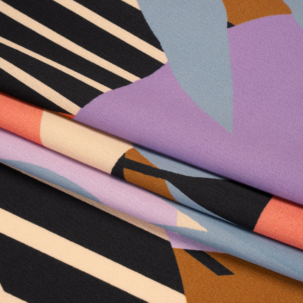 Polyester Crepe Back Satin - Blue, Lavender and Beige Leaves - Made in Italy Folded