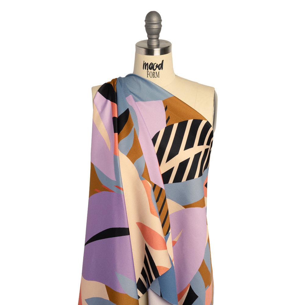 Polyester Crepe Back Satin - Blue, Lavender and Beige Leaves - Made in Italy Drape