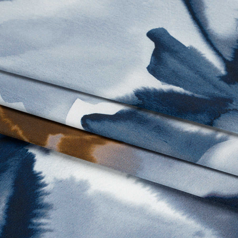 Satin-Faced Polyester Twill - Muted Blue and Brown Watercolor Flowers - Made in Italy Folded