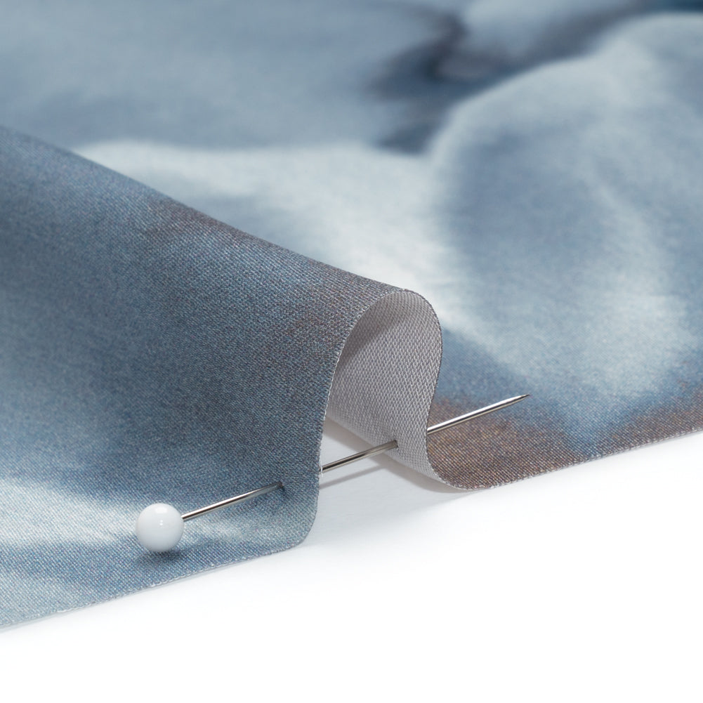 Satin-Faced Polyester Twill - Muted Blue and Brown Watercolor Flowers - Made in Italy Detail