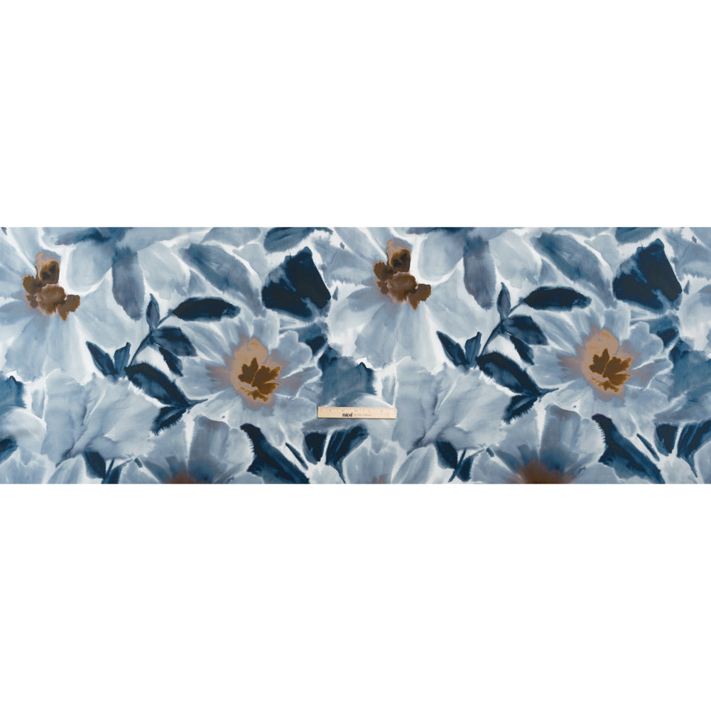 Satin-Faced Polyester Twill - Muted Blue and Brown Watercolor Flowers - Made in Italy Full