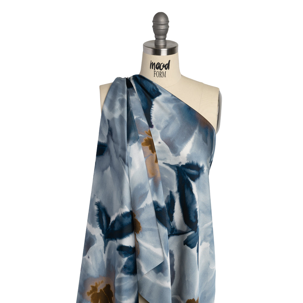 Satin-Faced Polyester Twill - Muted Blue and Brown Watercolor Flowers - Made in Italy Drape
