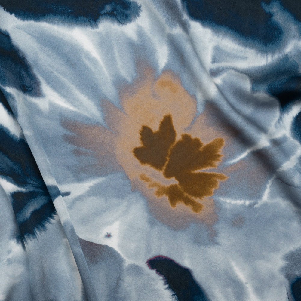 Satin-Faced Polyester Twill - Muted Blue and Brown Watercolor Flowers - Made in Italy