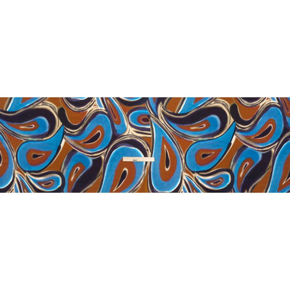Rayon Crepe de Chine - Blue, Dark Purple and Burnt Orange Abstract Swirls - Made in Italy Drape