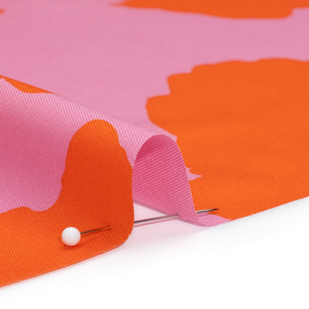 Polyester Twill - Pink and Red-Orange Florals and Striped Borders - Made in Italy Detail
