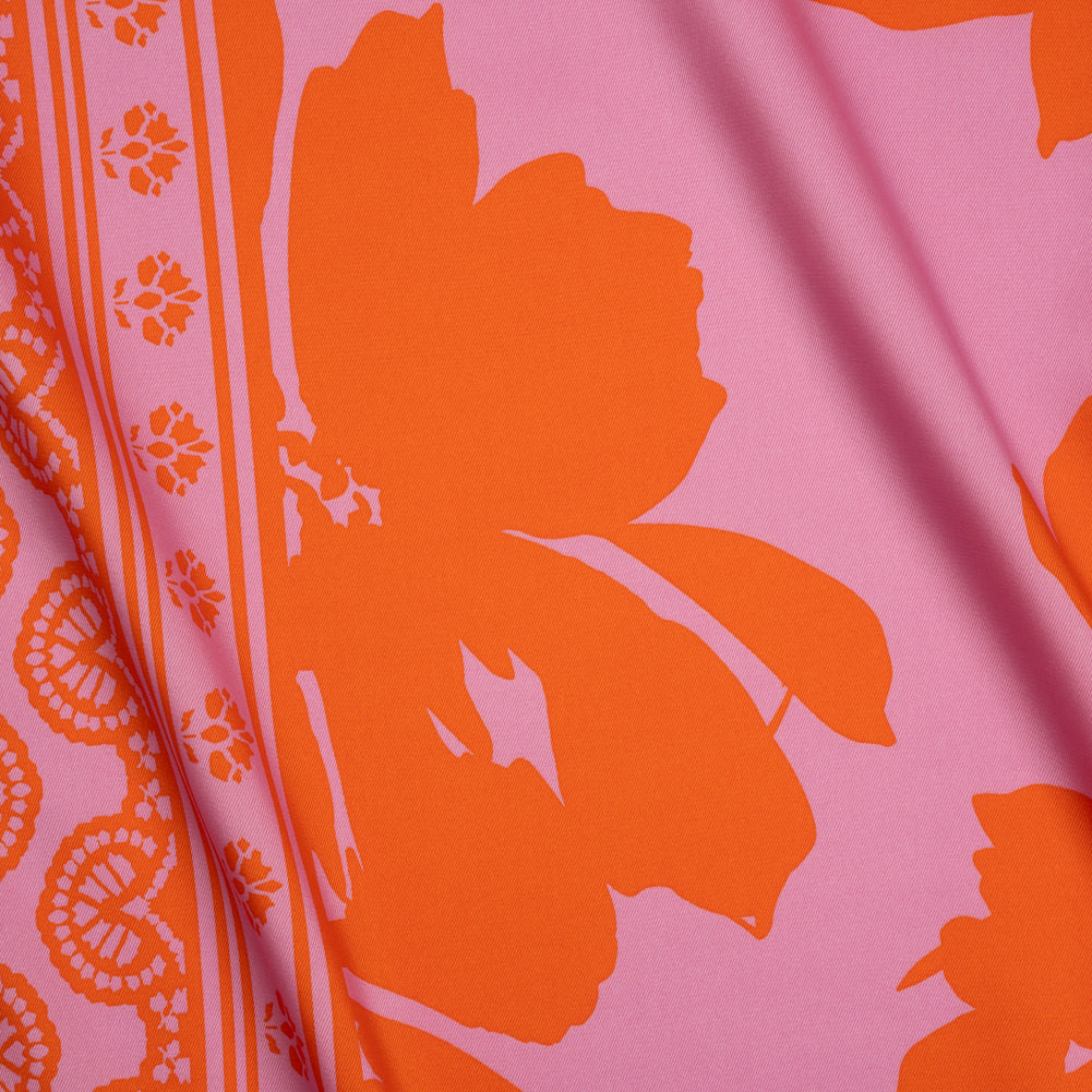 Polyester Twill - Pink and Red-Orange Florals and Striped Borders - Made in Italy