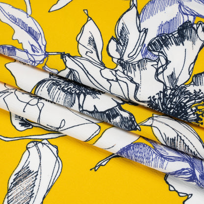 Polyester Satin-Backed Crepe - Yellow, Navy and Black Floral Sketches - Made in Italy Folded