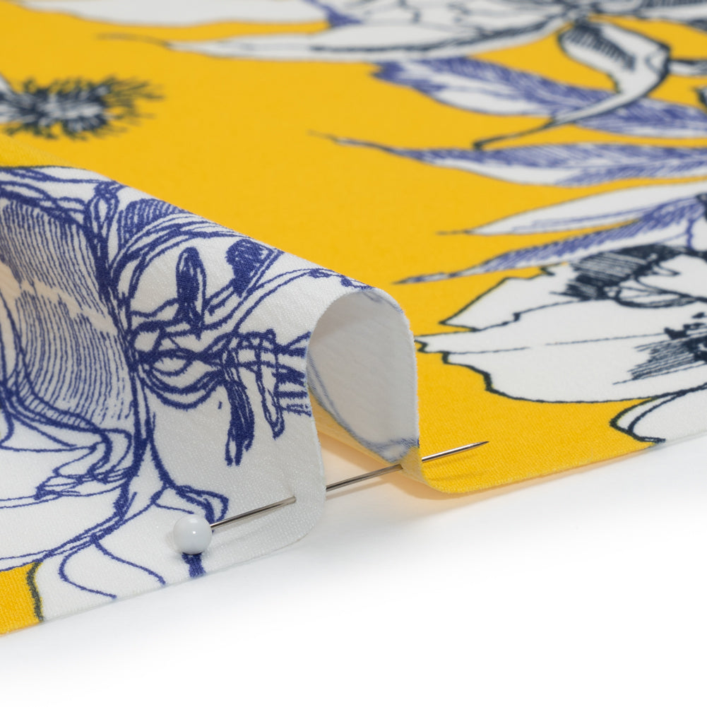 Polyester Satin-Backed Crepe - Yellow, Navy and Black Floral Sketches - Made in Italy Detail
