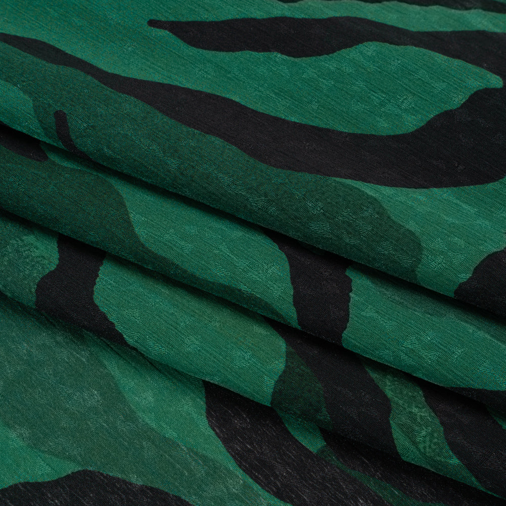 Geometric Crinkled Polyester Jacquard - Green and Black Animal Stripes - Made in Italy Folded