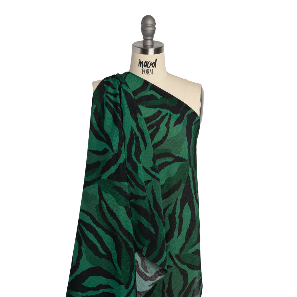 Geometric Crinkled Polyester Jacquard - Green and Black Animal Stripes - Made in Italy Drape