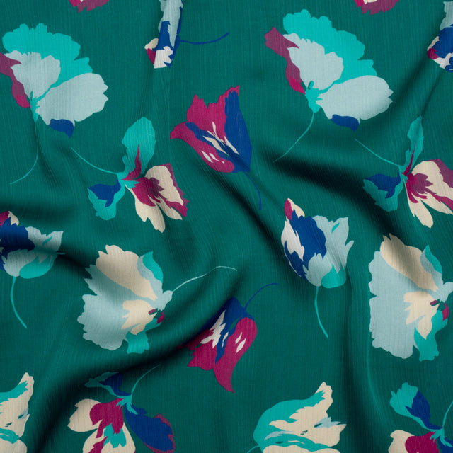 Crinkled Polyester Charmeuse - Teal, Blue and Magenta Floral - Made in Italy