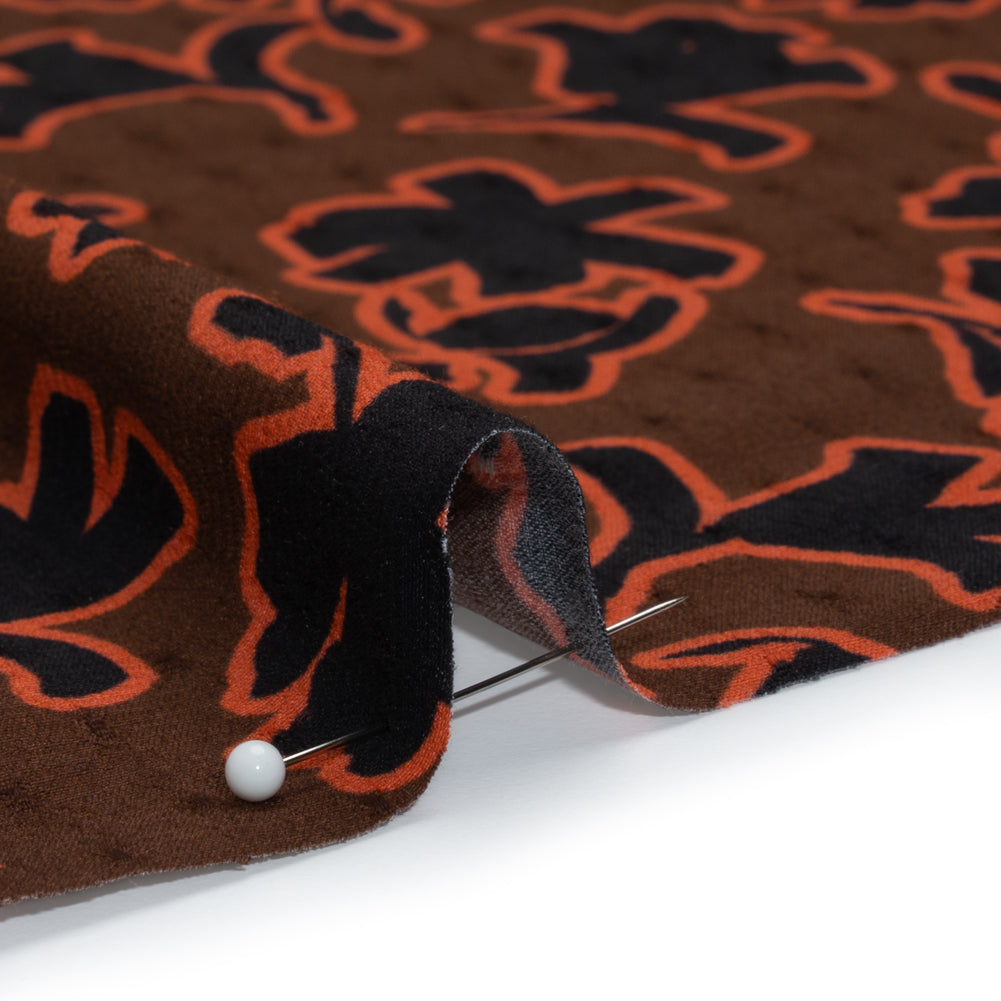Dotted Rayon Jacquard - Brown, Orange and Black Floral Silhouettes - Made in Italy Folded
