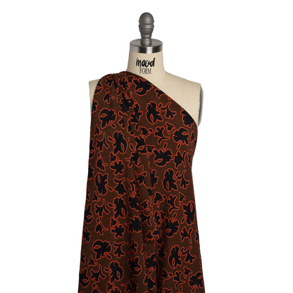 Dotted Rayon Jacquard - Brown, Orange and Black Floral Silhouettes - Made in Italy Detail