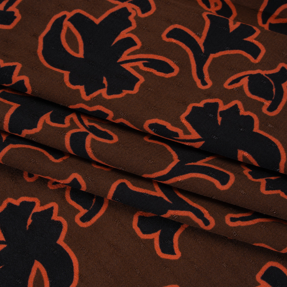 Dotted Rayon Jacquard - Brown, Orange and Black Floral Silhouettes - Made in Italy Full