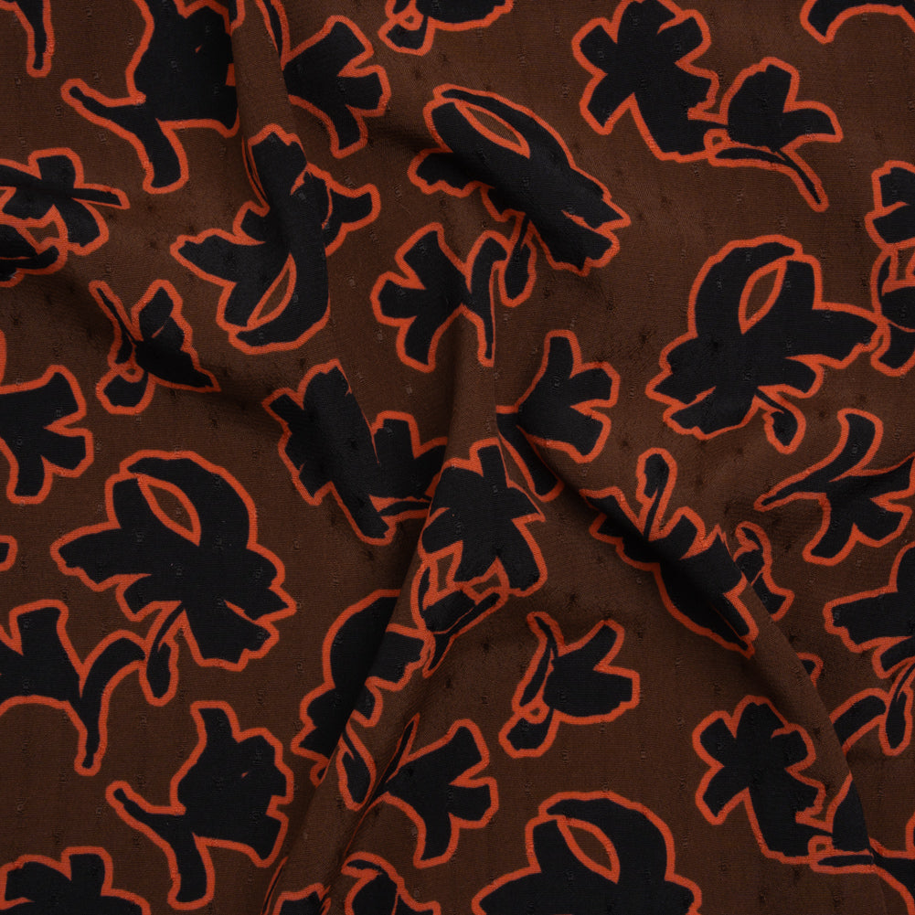 Dotted Rayon Jacquard - Brown, Orange and Black Floral Silhouettes - Made in Italy