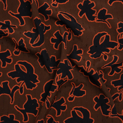 Dotted Rayon Jacquard - Brown, Orange and Black Floral Silhouettes - Made in Italy
