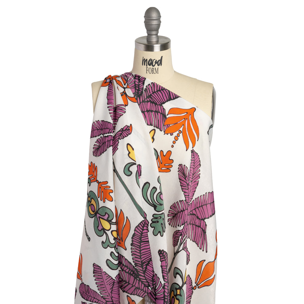 Washed Polyester Satin - Purple, Orange and White Palm Leaves - Made in Italy Drape