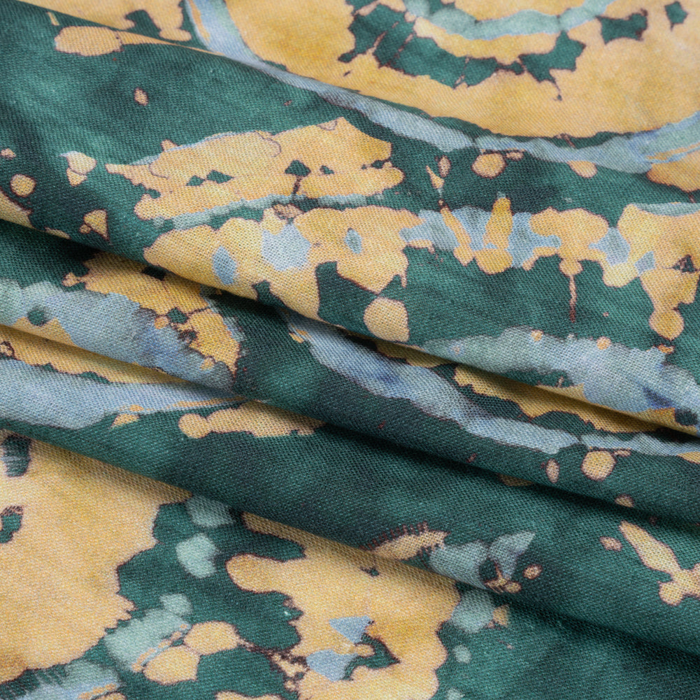 Medium Weight LInen Woven - Dark Green and Golden Beige Tie Dye - Made in Italy Folded