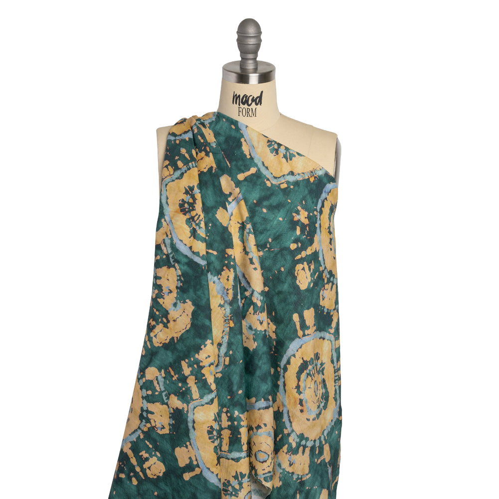 Medium Weight LInen Woven - Dark Green and Golden Beige Tie Dye - Made in Italy Drape