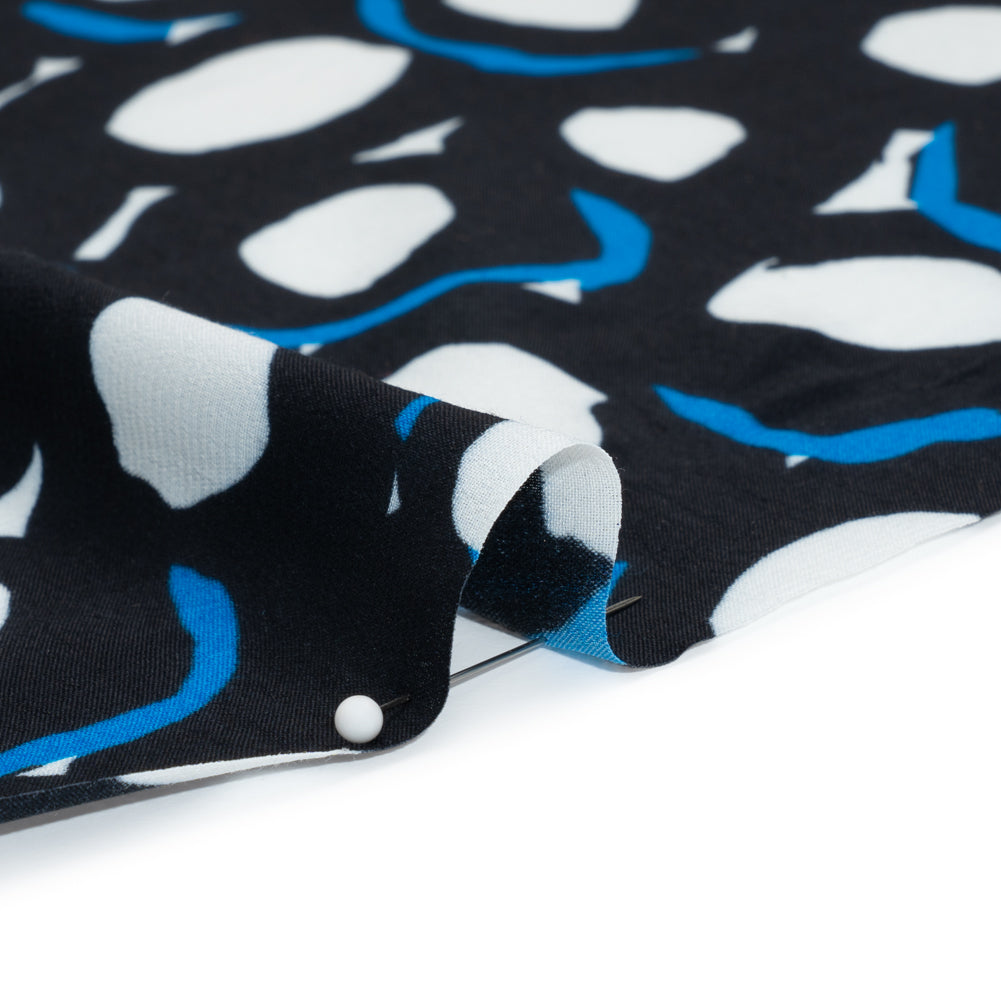 Rayon Crepe de Chine Made in Italy - Black, White and Blue Abstract Spots - Deadstock - Detail