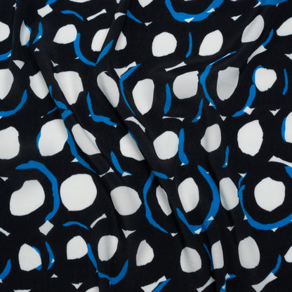 Rayon Crepe de Chine Made in Italy - Black, White and Blue Abstract Spots - Deadstock