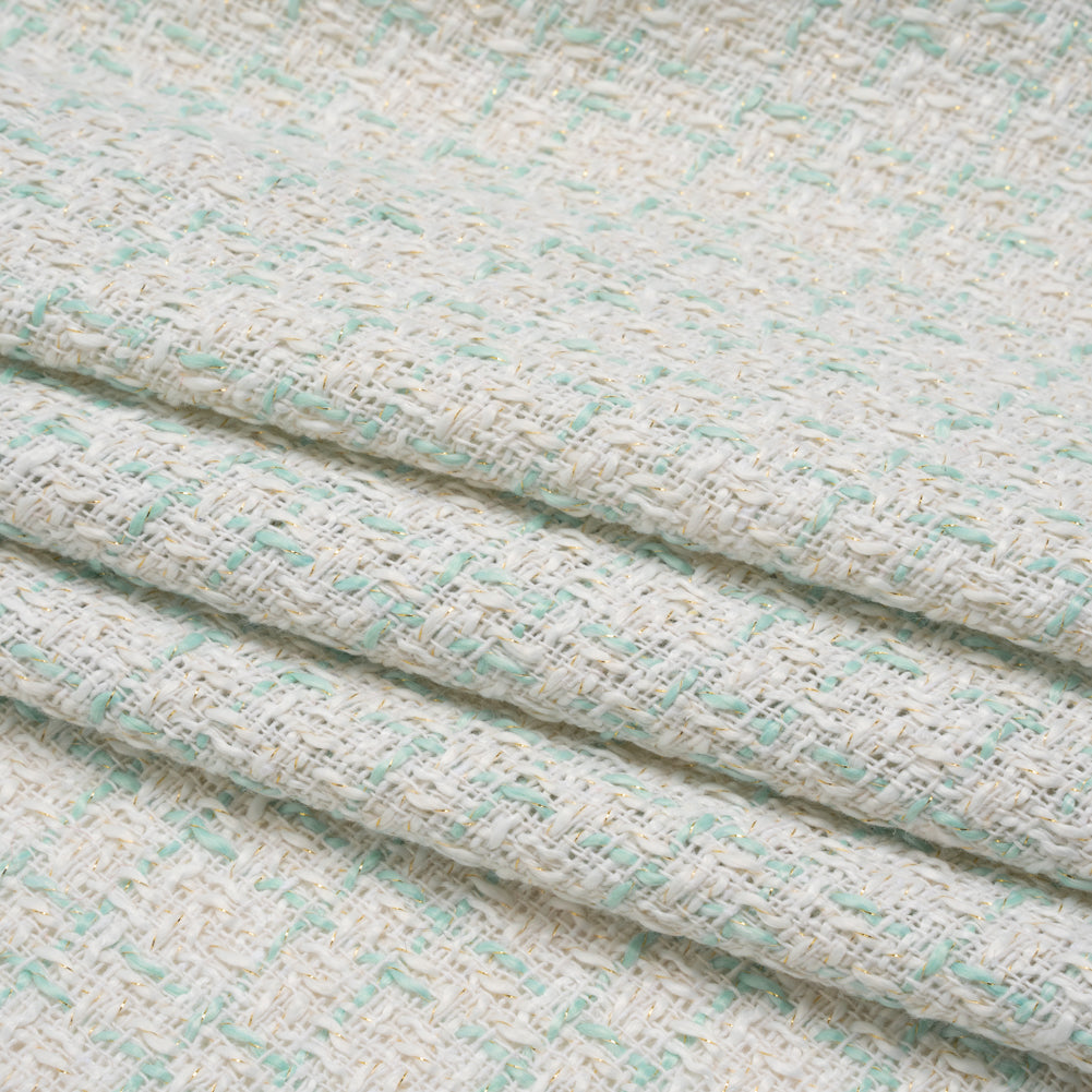 Metallic Polyester Tweed - Gold, White and Seafoam Plaid - Deadstock - Folded