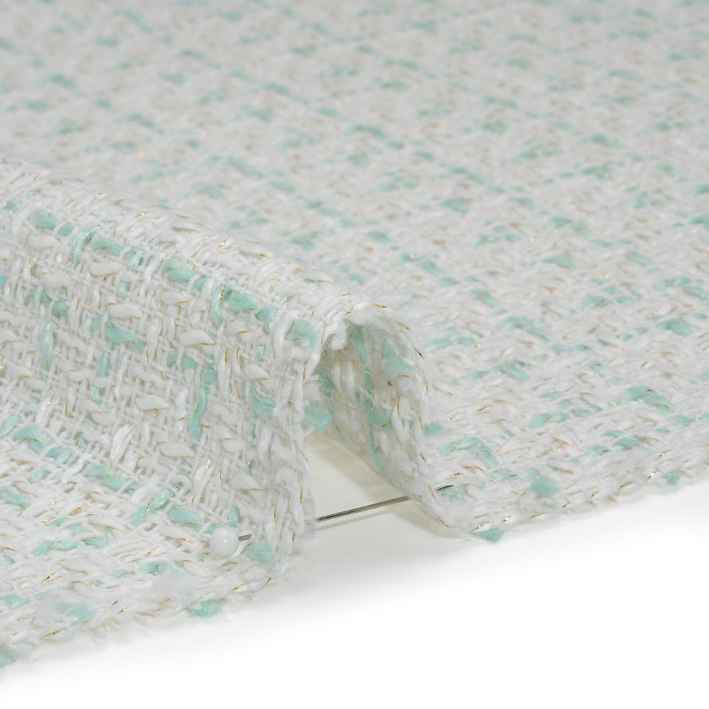 Metallic Polyester Tweed - Gold, White and Seafoam Plaid - Deadstock - Detail