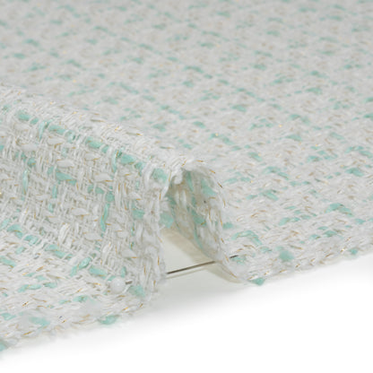Metallic Polyester Tweed - Gold, White and Seafoam Plaid - Deadstock