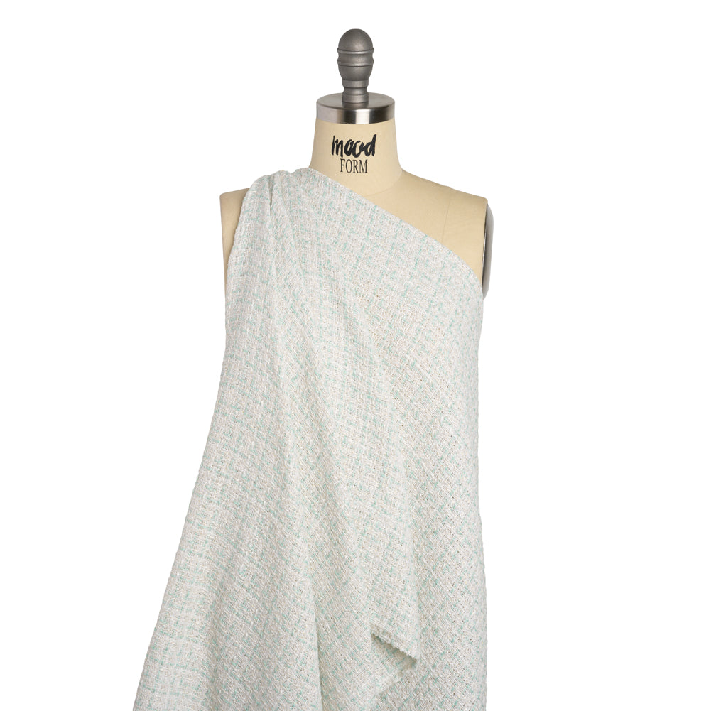 Metallic Polyester Tweed - Gold, White and Seafoam Plaid - Deadstock - Drape