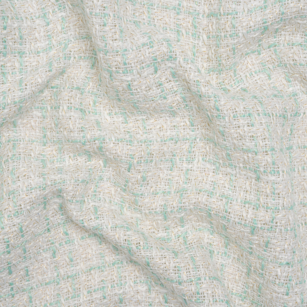 Metallic Polyester Tweed - Gold, White and Seafoam Plaid - Deadstock