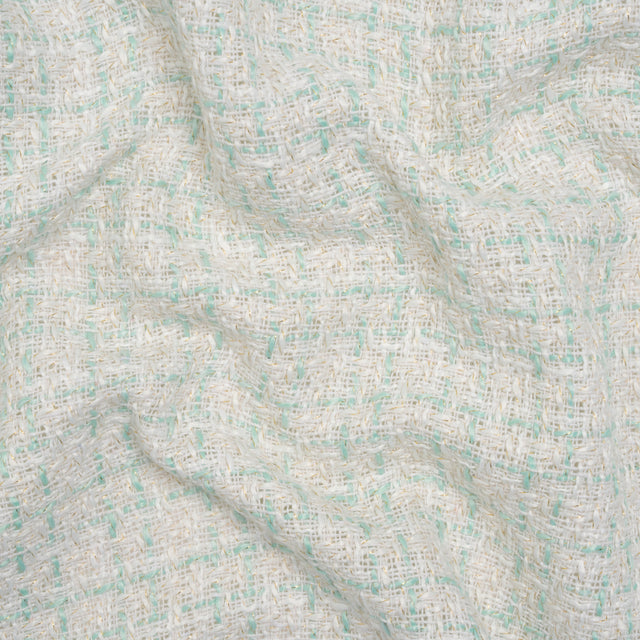 Metallic Polyester Tweed - Gold, White and Seafoam Plaid - Deadstock