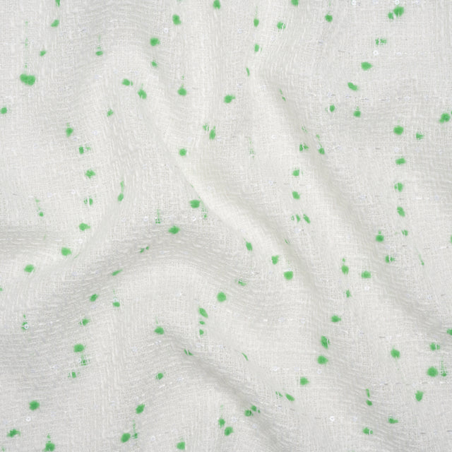 Polyester Pom Pom Tweed with Baby Sequins - White and Kelly Green - Deadstock