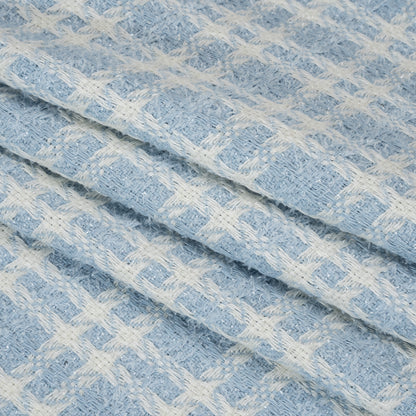 Cotton and Polyester Plaid Tweed with Baby Sequins and Eyelash Fringe - Baby Blue and White - Deadstock