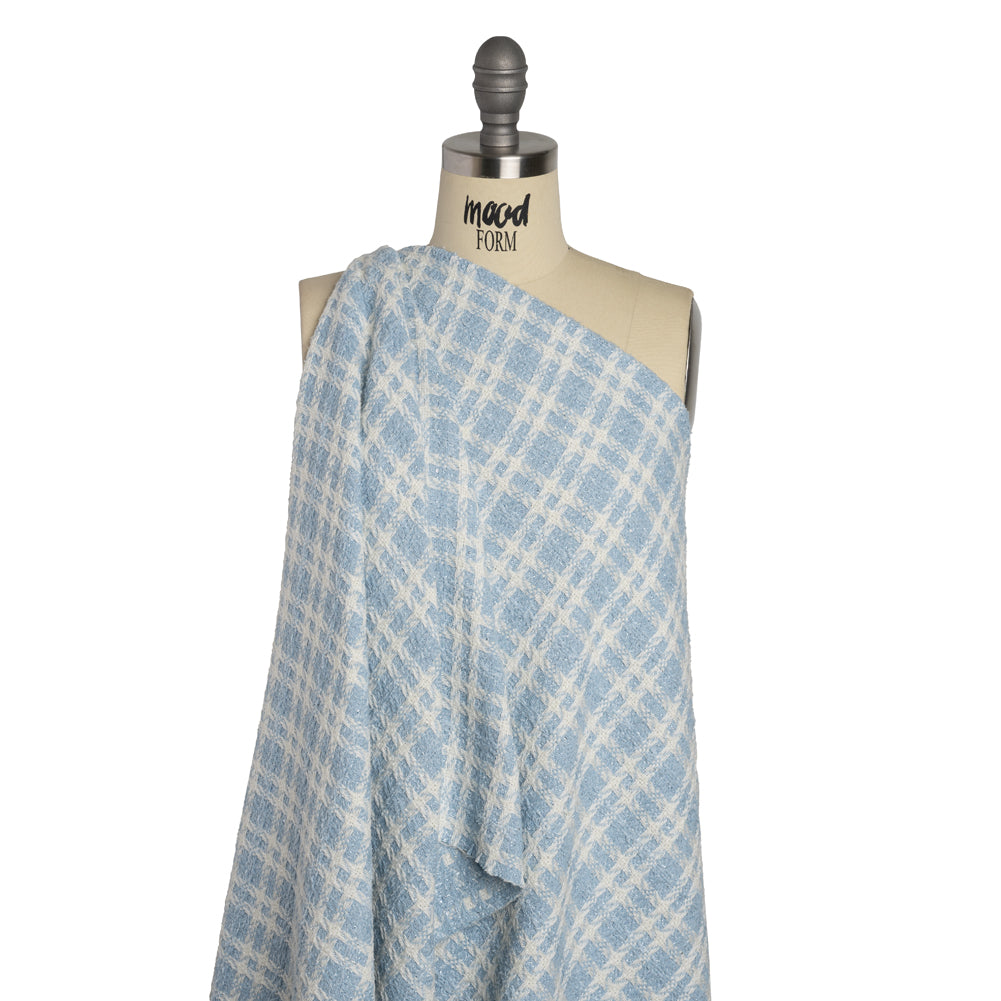 Cotton and Polyester Plaid Tweed with Baby Sequins and Eyelash Fringe - Baby Blue and White - Deadstock - Drape