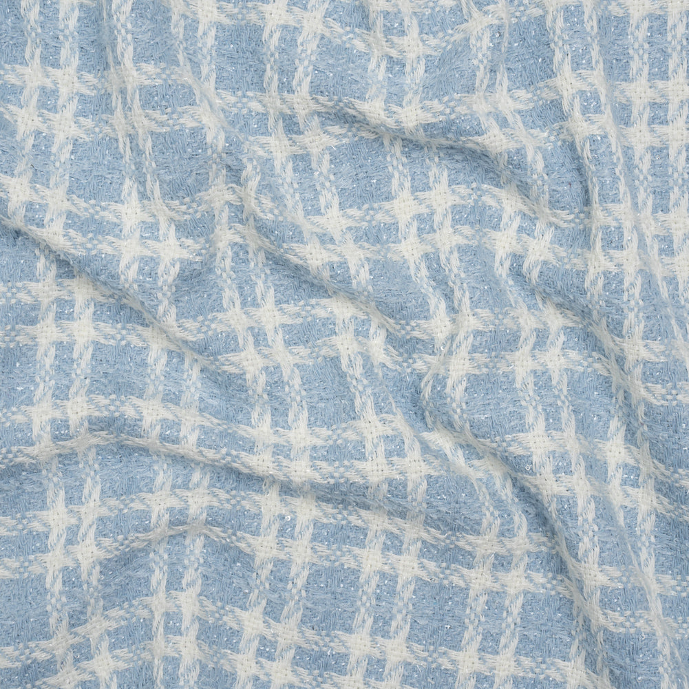 Cotton and Polyester Plaid Tweed with Baby Sequins and Eyelash Fringe - Baby Blue and White - Deadstock