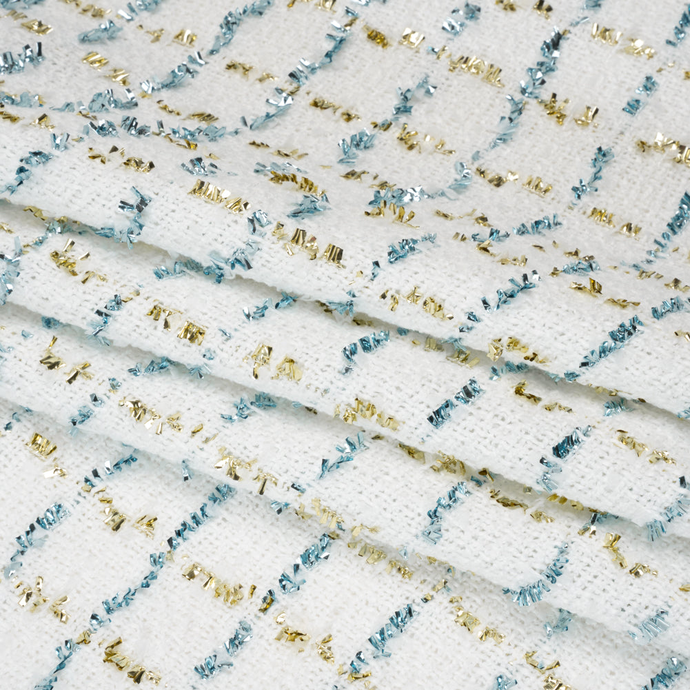 Polyester Boucle Tweed with Plaid Metallic Eyelash Fringe - White, Sky Blue and Gold - Deadstock - Folded