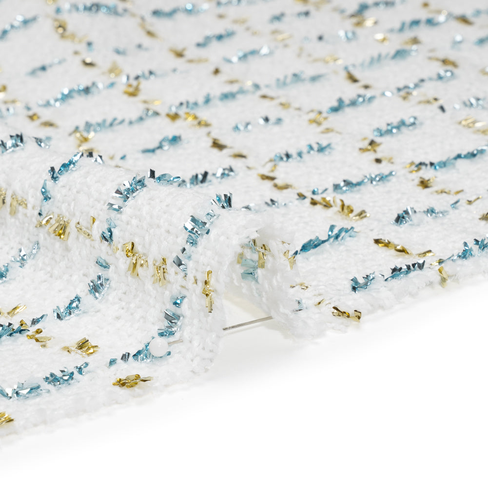 Polyester Boucle Tweed with Plaid Metallic Eyelash Fringe - White, Sky Blue and Gold - Deadstock - Detail