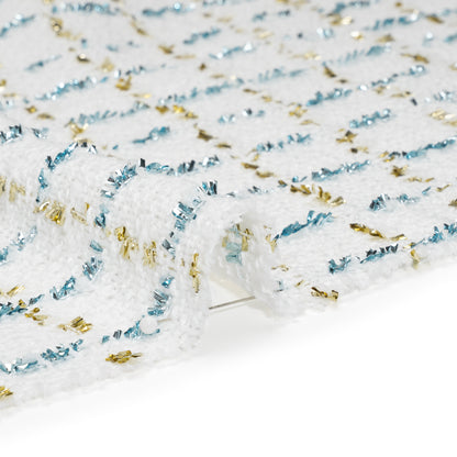 Polyester Boucle Tweed with Plaid Metallic Eyelash Fringe - White, Sky Blue and Gold - Deadstock