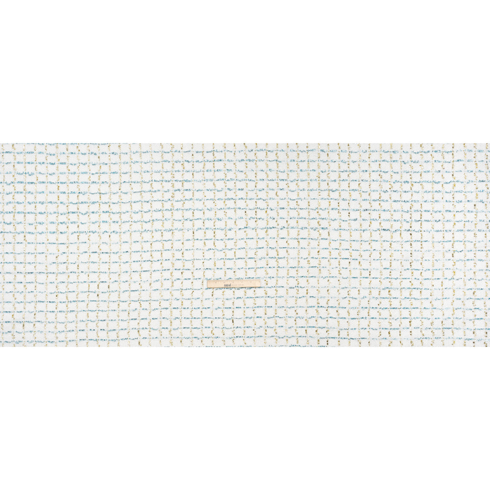Polyester Boucle Tweed with Plaid Metallic Eyelash Fringe - White, Sky Blue and Gold - Deadstock - Full