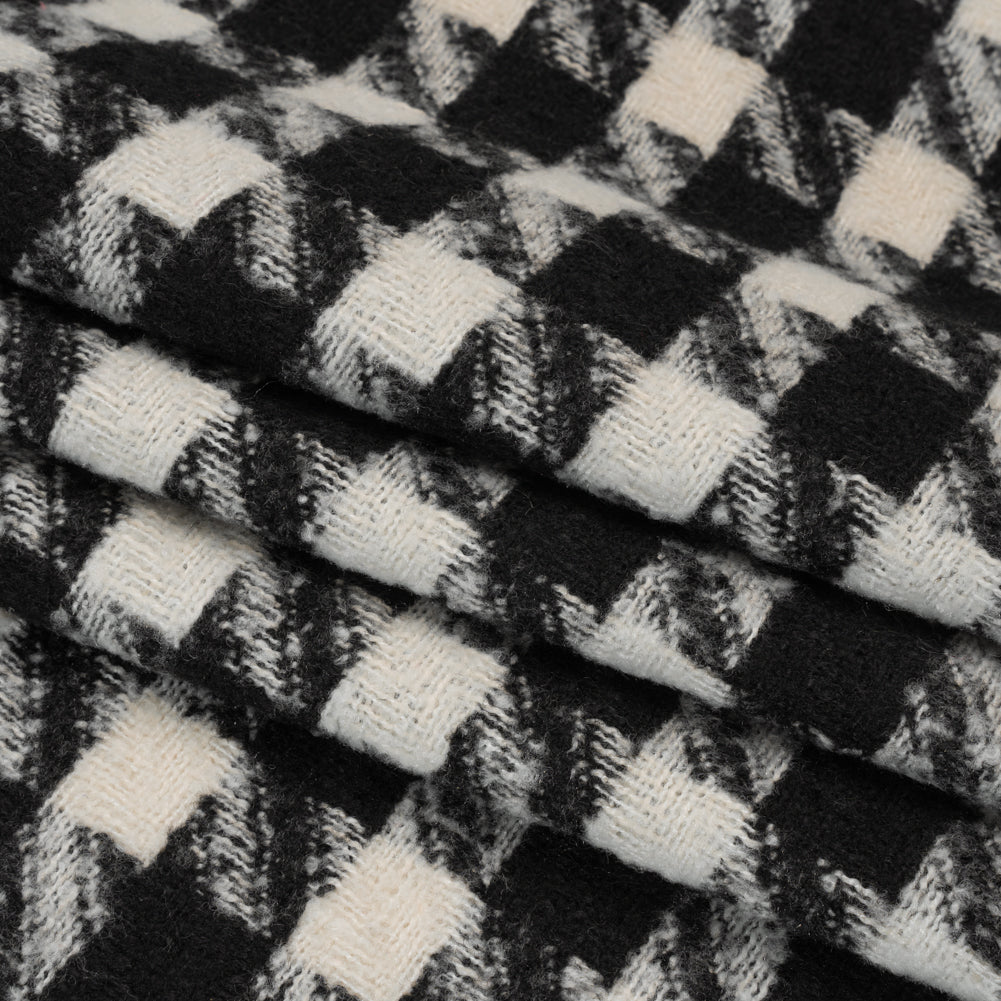 Acrylic Boucle Tweed - Black and Cream Houndstooth - Deadstock - Folded