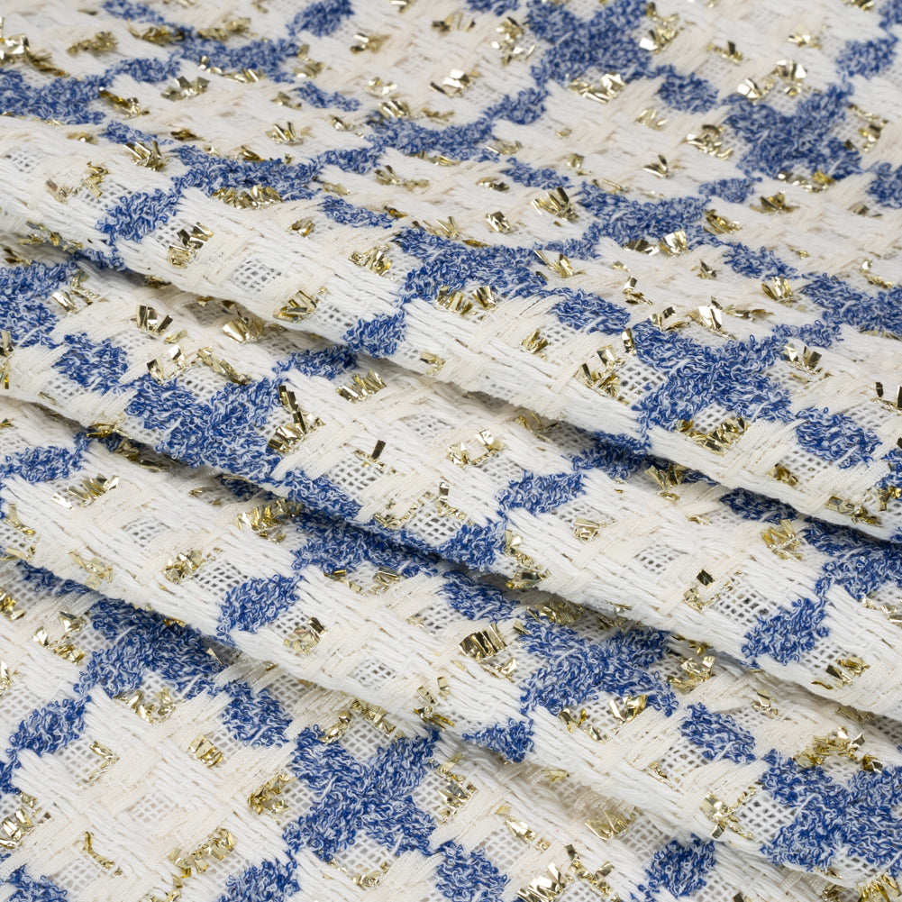 Polyester Boucle Tweed with Metallic Eyelash Fringe - White, Cobalt Blue and Gold Plaid - Deadstock - Folded