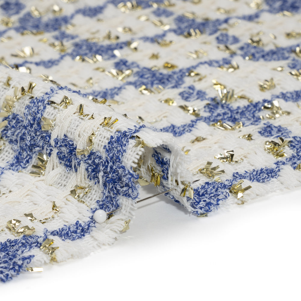 Polyester Boucle Tweed with Metallic Eyelash Fringe - White, Cobalt Blue and Gold Plaid - Deadstock - Detail