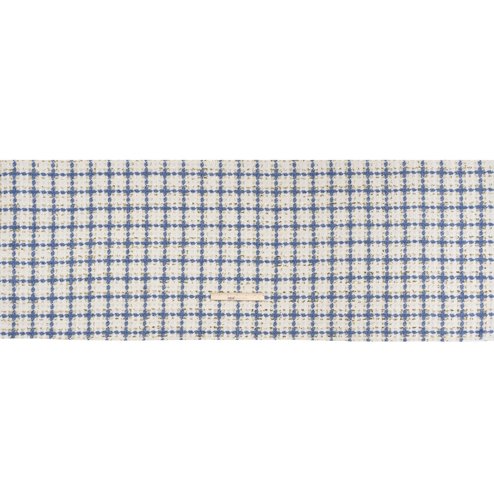 Polyester Boucle Tweed with Metallic Eyelash Fringe - White, Cobalt Blue and Gold Plaid - Deadstock - Full