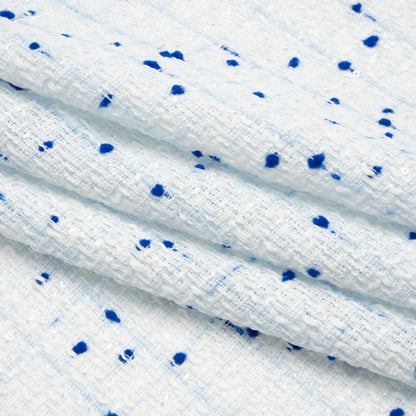 Polyester Pom Pom Tweed with Baby Sequins - White and Cobalt Blue - Deadstock