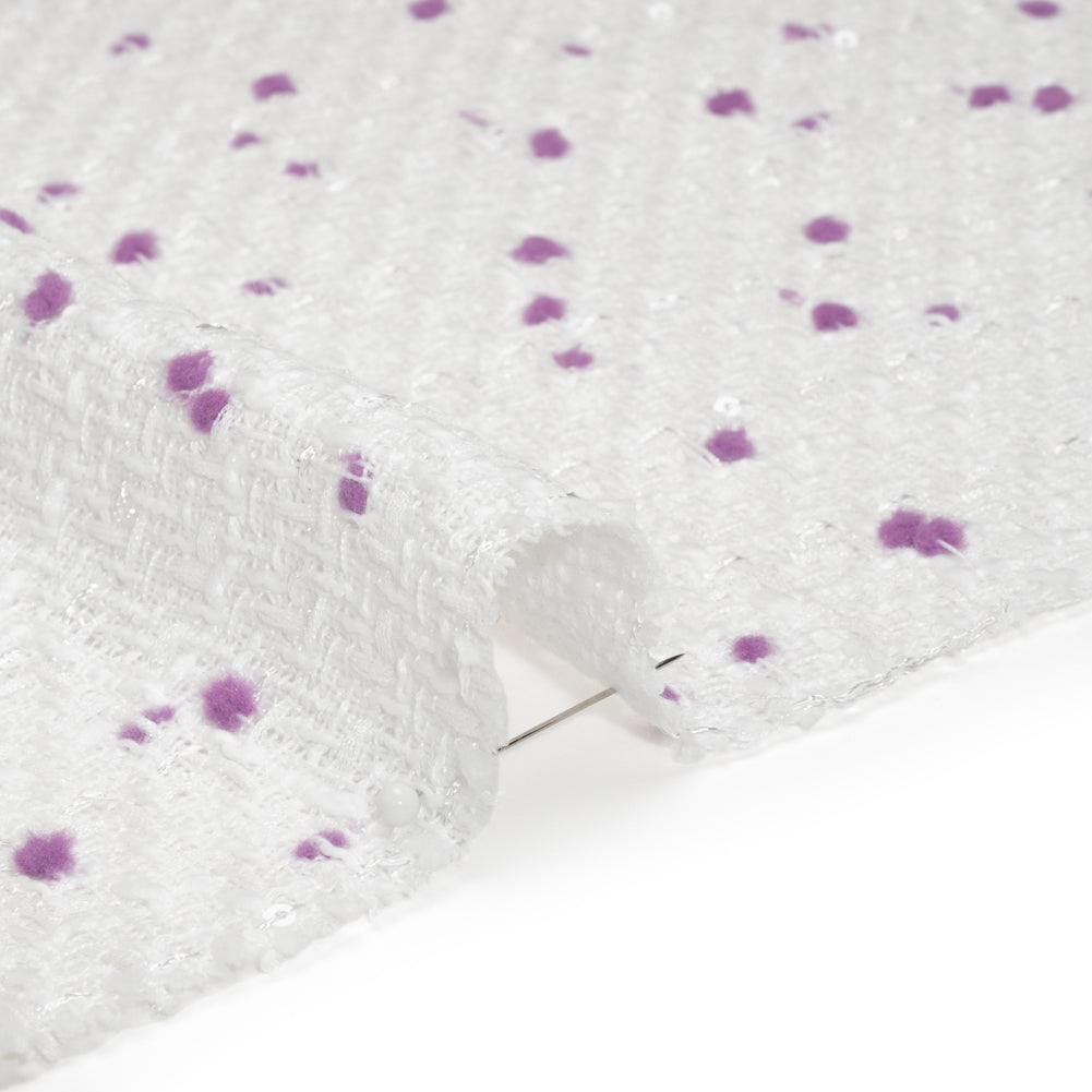 Polyester Pom Pom Tweed with Baby Sequins - White and Lavender Purple - Deadstock - Detail