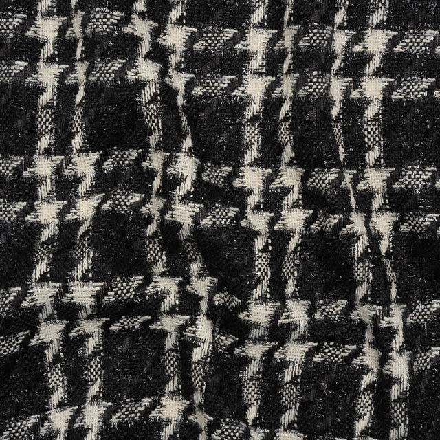Metallic Tweed with Eyelash Fringe - Black and White Plaid - Deadstock