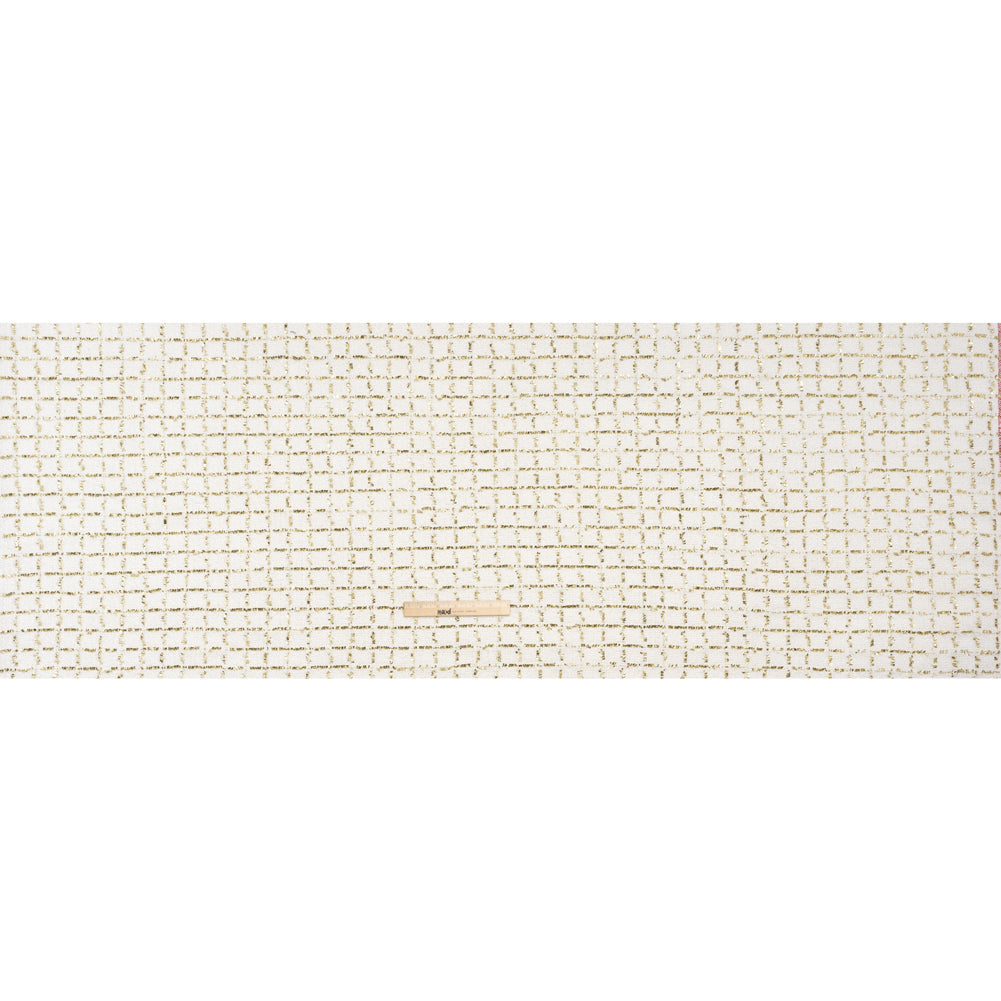 Polyester Boucle Tweed with Plaid Metallic Eyelash Fringe - White and Gold - Deadstock - Full