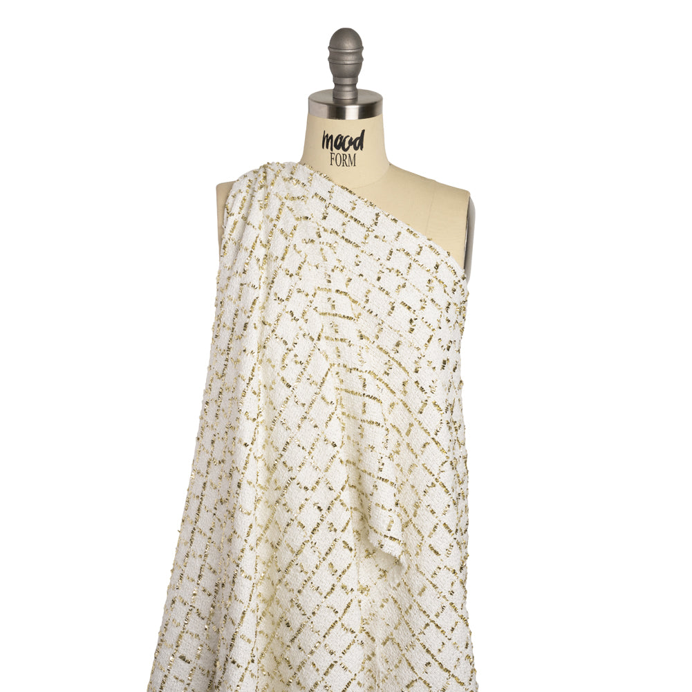 Polyester Boucle Tweed with Plaid Metallic Eyelash Fringe - White and Gold - Deadstock - Drape