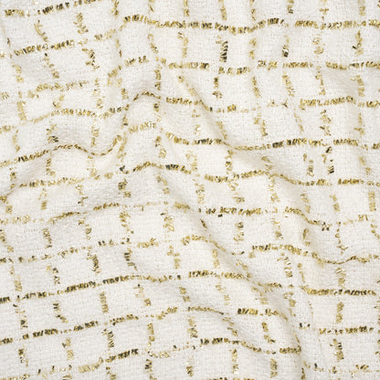 Polyester Boucle Tweed with Plaid Metallic Eyelash Fringe - White and Gold - Deadstock