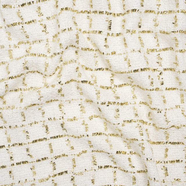 Polyester Boucle Tweed with Plaid Metallic Eyelash Fringe - White and Gold - Deadstock